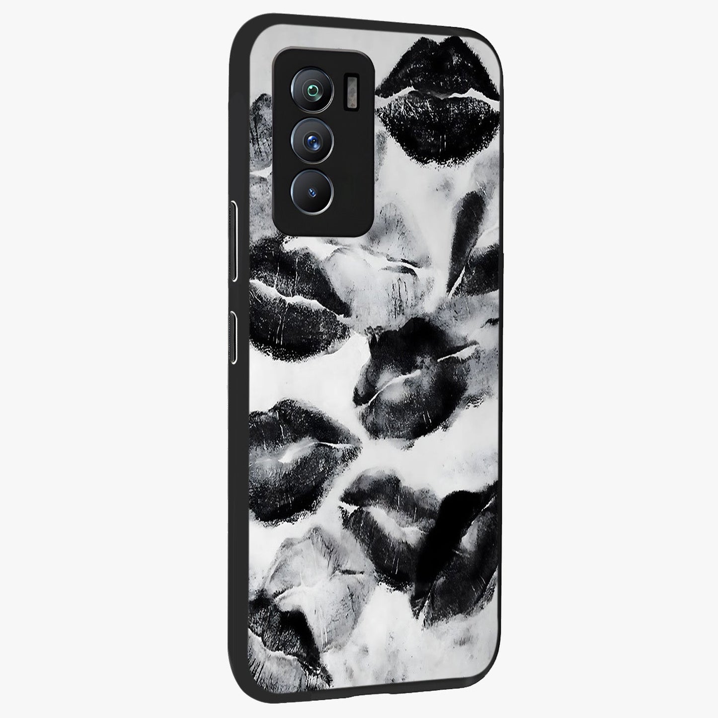 Midnight Kiss Marks Glass Case upright view showcasing stylish kiss mark artwork with trendy romantic theme.