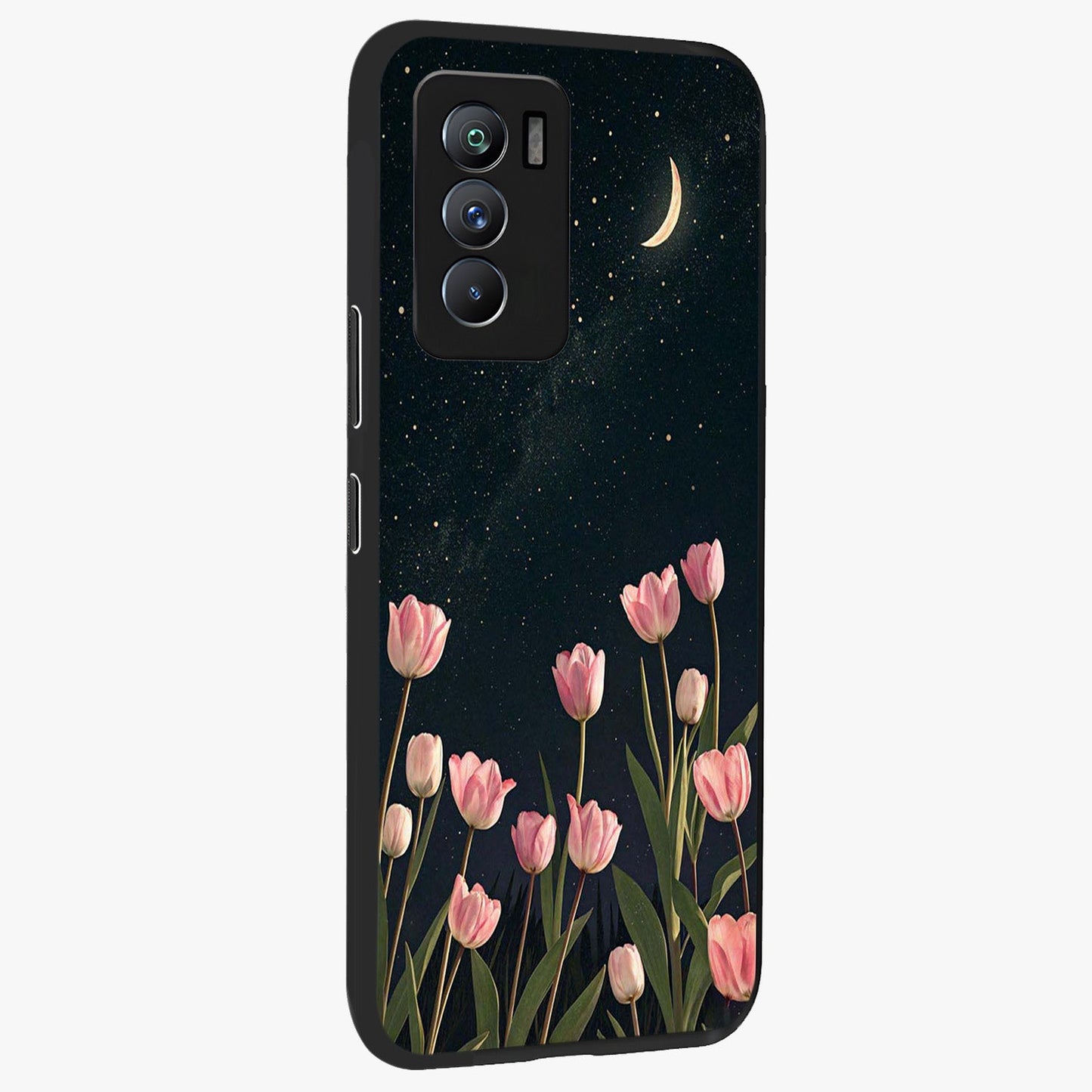 Midnight Tulip Whispers Vibe Glass Case upright view showcasing graceful tulip artwork with calm botanical theme.