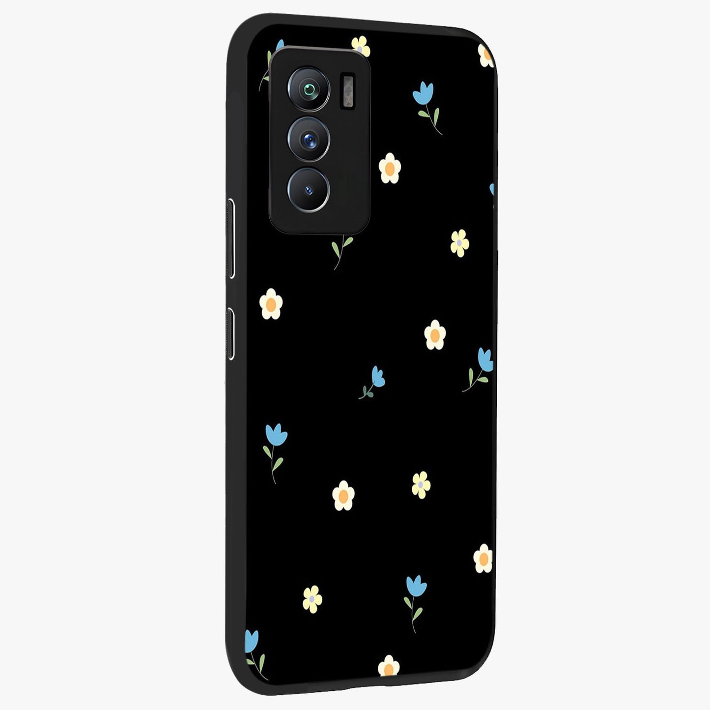 Minimal Petal Whispers Glass Case upright view showcasing elegant floral artwork with modern minimalist style.