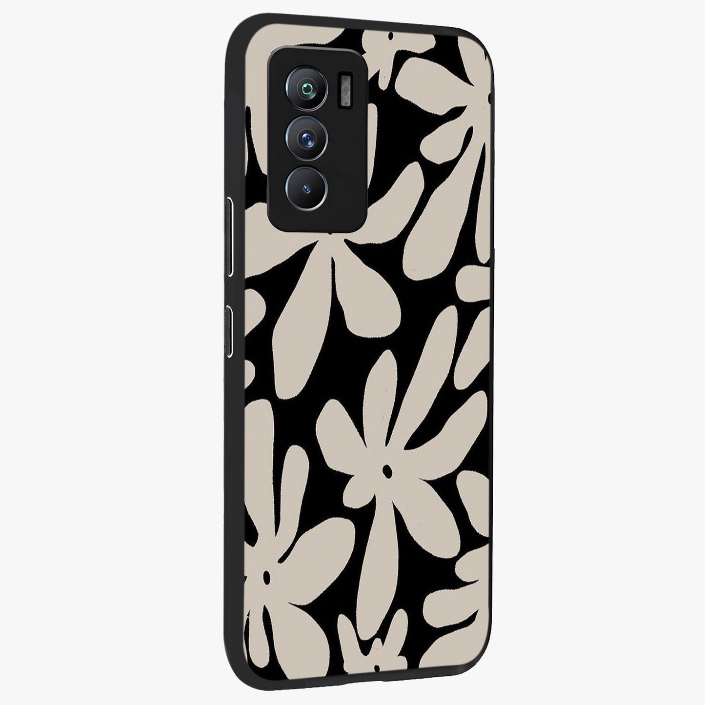 Monochrome Petal Dance Glass Case upright view showcasing artistic floral pattern with stylish monochrome theme.