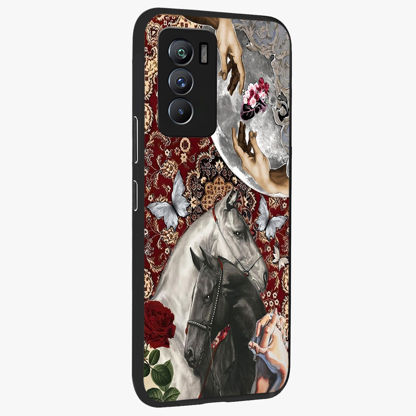Moonlit Royal Stallion Glass Case upright view showcasing dramatic horse artwork with glowing moon themed design.