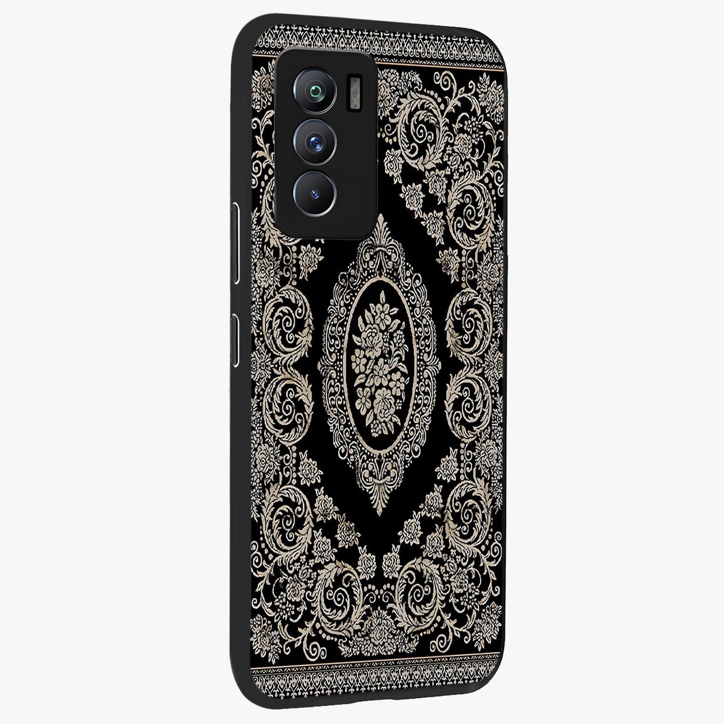 Noir Bloom Elegance Glass Case upright view showcasing graceful floral artwork with luxurious dark theme.