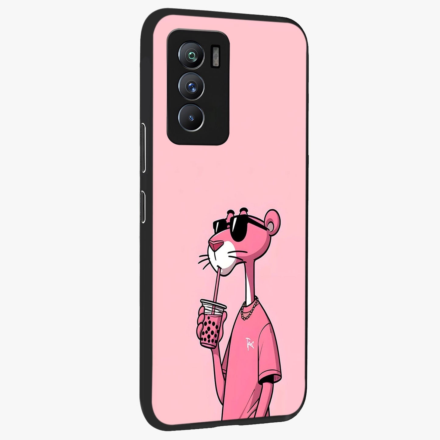 Pink Panther Glass Case upright view showcasing fun animated artwork with stylish retro cartoon theme.