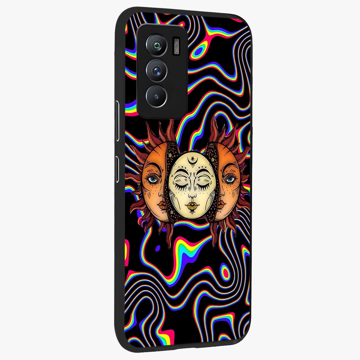 Psychedelic Sun Glass Case upright view showcasing trippy sun artwork with bold psychedelic theme.