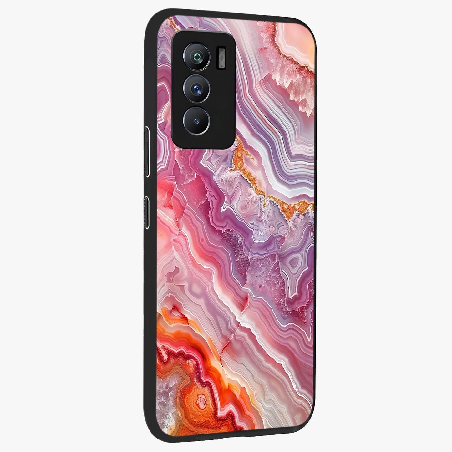 Rose Quartz Marble Glass Case upright view showcasing decorative marble artwork with luxurious pastel theme.