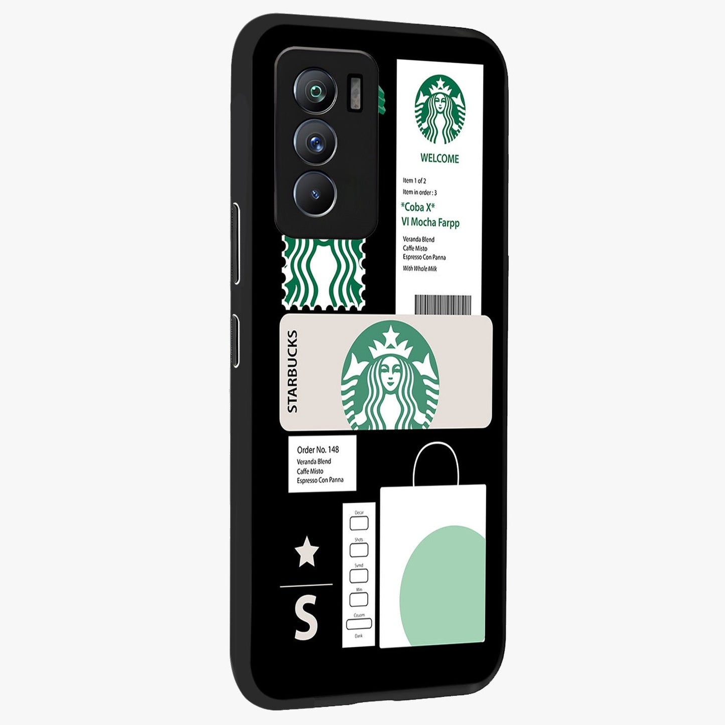 Starbucks Mocha Glass Case upright view showcasing trendy coffee inspired artwork with modern lifestyle theme.