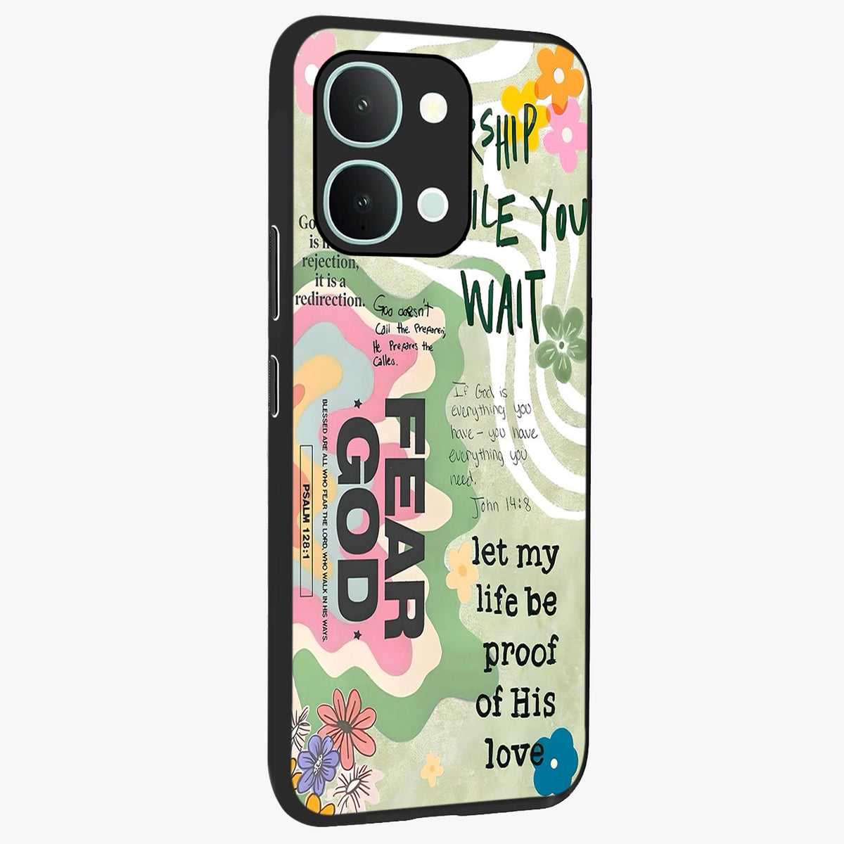 Faith Over Fear Glass Case upright view showcasing bold typography artwork with uplifting motivational theme.