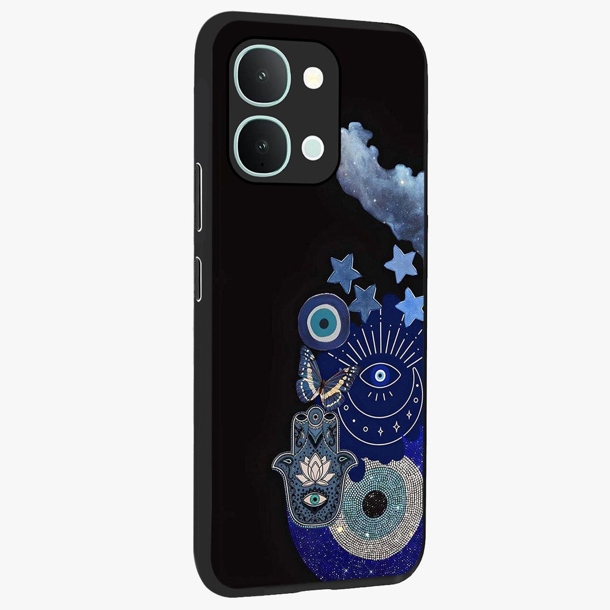 Galactic Charm Cluster Glass Case upright view showcasing glowing cosmic charm artwork with magical celestial style.