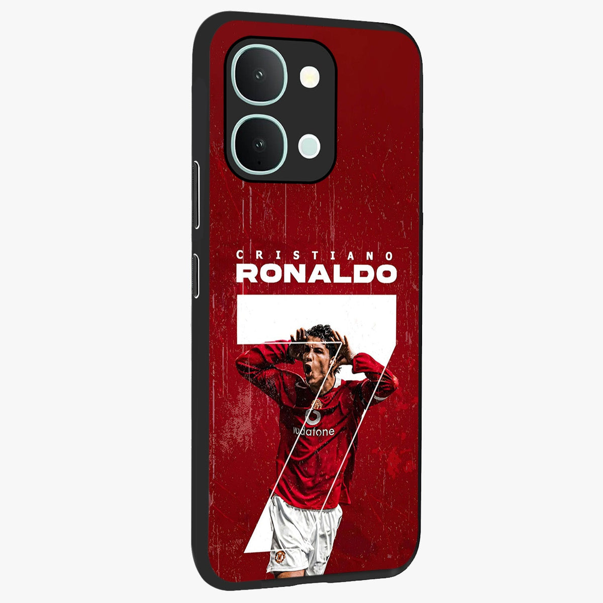 Goal Celebration Legacy Glass Case upright view showcasing dynamic football inspired artwork with victory celebration aesthetic.