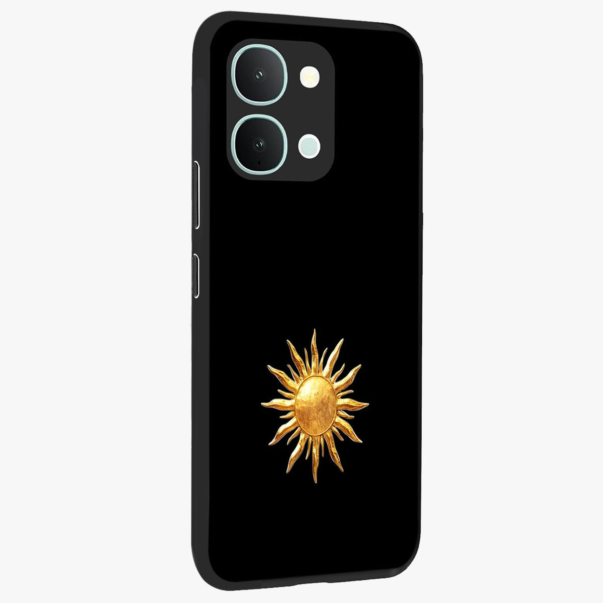Golden Sun Minimalism Glass Case upright view showcasing haunting graveyard artwork with dramatic dark theme.