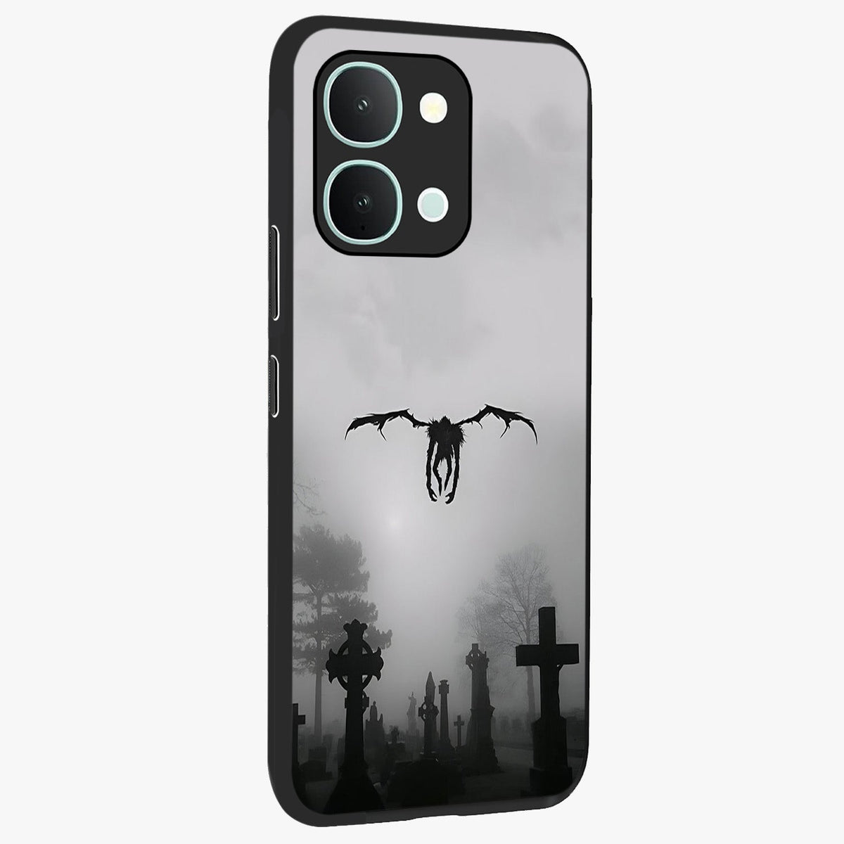 Graveyard Shadow Descent Glass Case upright view showcasing haunting graveyard artwork with dramatic dark theme.