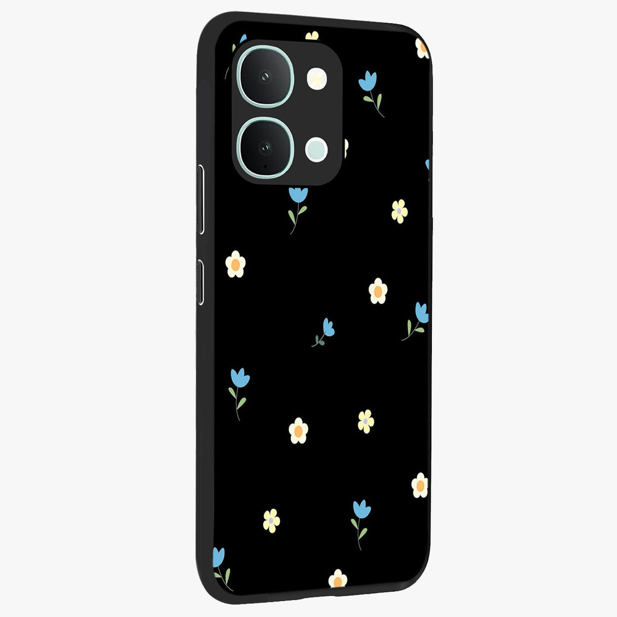 Minimal Petal Whispers Glass Case upright view showcasing elegant floral artwork with modern minimalist style.