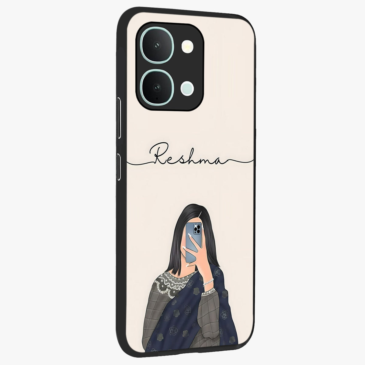 Mirror Mood Muse With Custom Name Glass Case upright view showcasing artistic mirror themed artwork with personalized aesthetic.