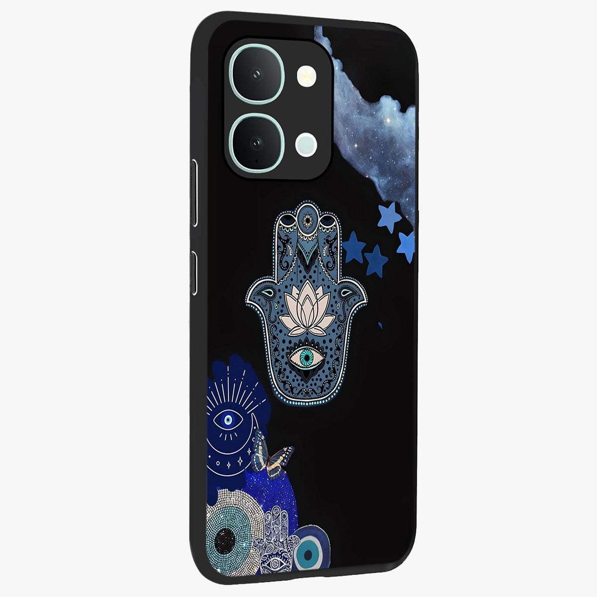 Mystic Hand Aura Glass Case upright view showcasing symbolic hand artwork with mystical energy theme.