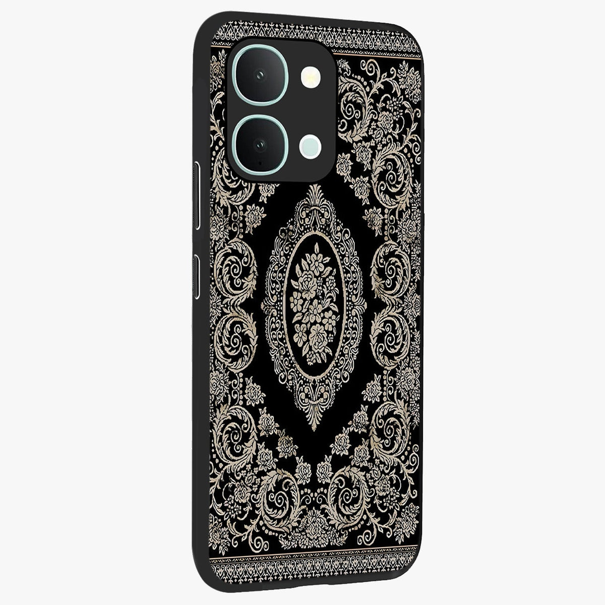 Noir Bloom Elegance Glass Case upright view showcasing graceful floral artwork with luxurious dark theme.