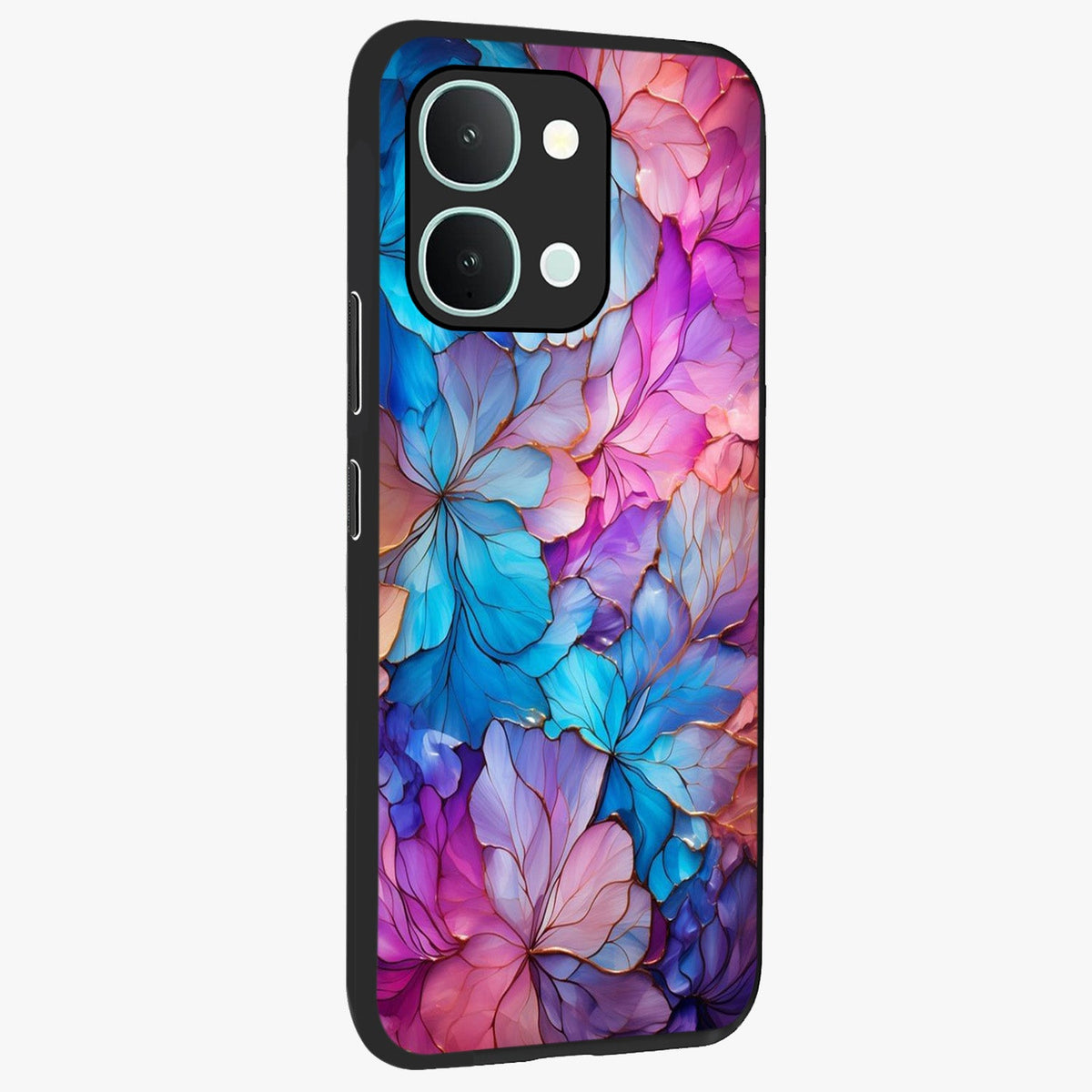 Radiant Floral Whirl Glass Case upright view showcasing lively floral artwork with decorative swirl theme.