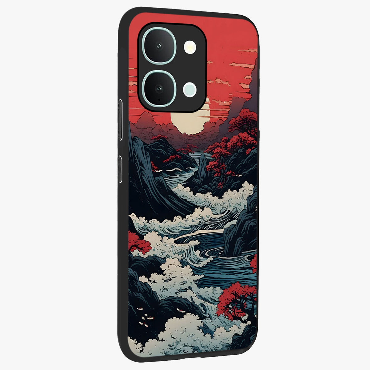 Red Sunset Scenery Glass Case upright view showcasing dramatic sunset scenery artwork with warm nature theme.