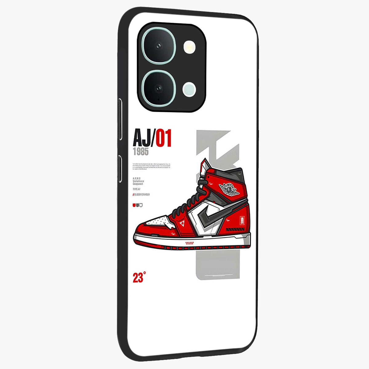 Retro Sneaker Blueprint Glass Case upright view showcasing stylish sneaker illustration with vintage streetwear theme.