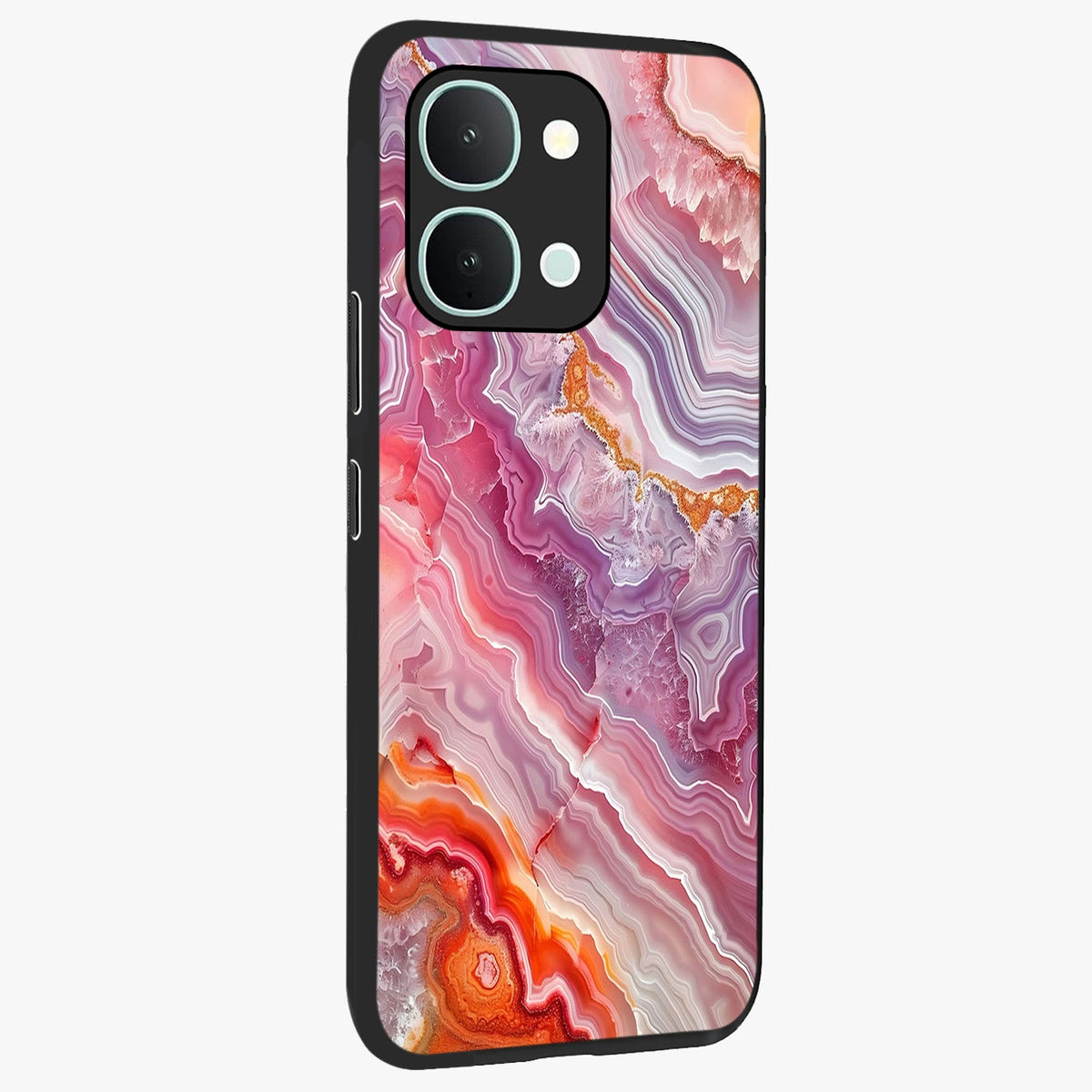 Rose Quartz Marble Glass Case upright view showcasing decorative marble artwork with luxurious pastel theme.