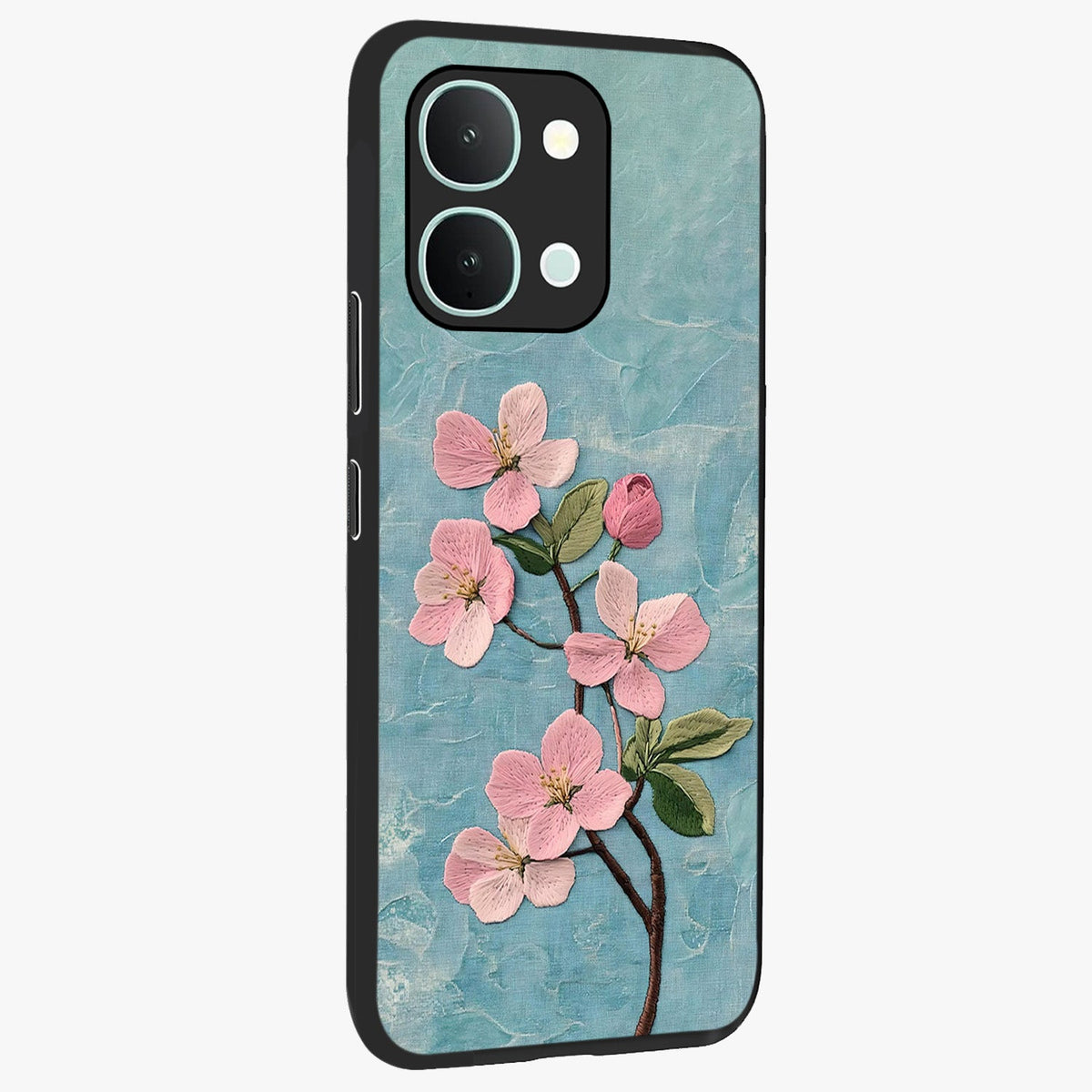 Threaded Blossom Breeze Glass Case upright view showcasing graceful flower artwork with calm botanical theme.