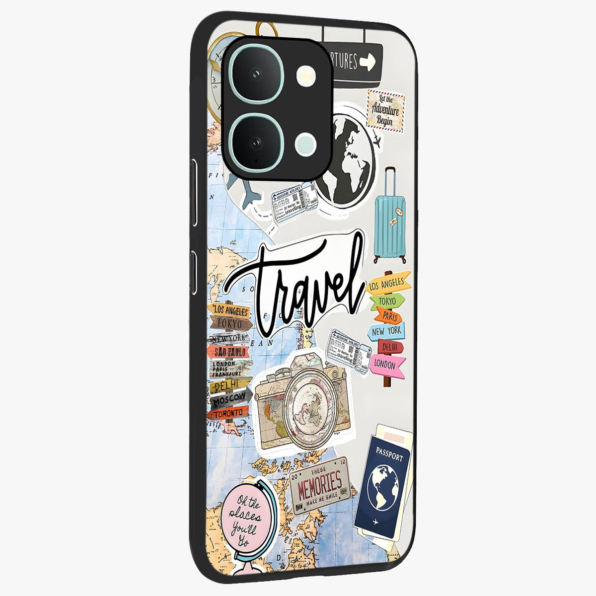 Wanderlust Journal Glass Case upright view showcasing wanderlust inspired artwork with creative exploration theme.