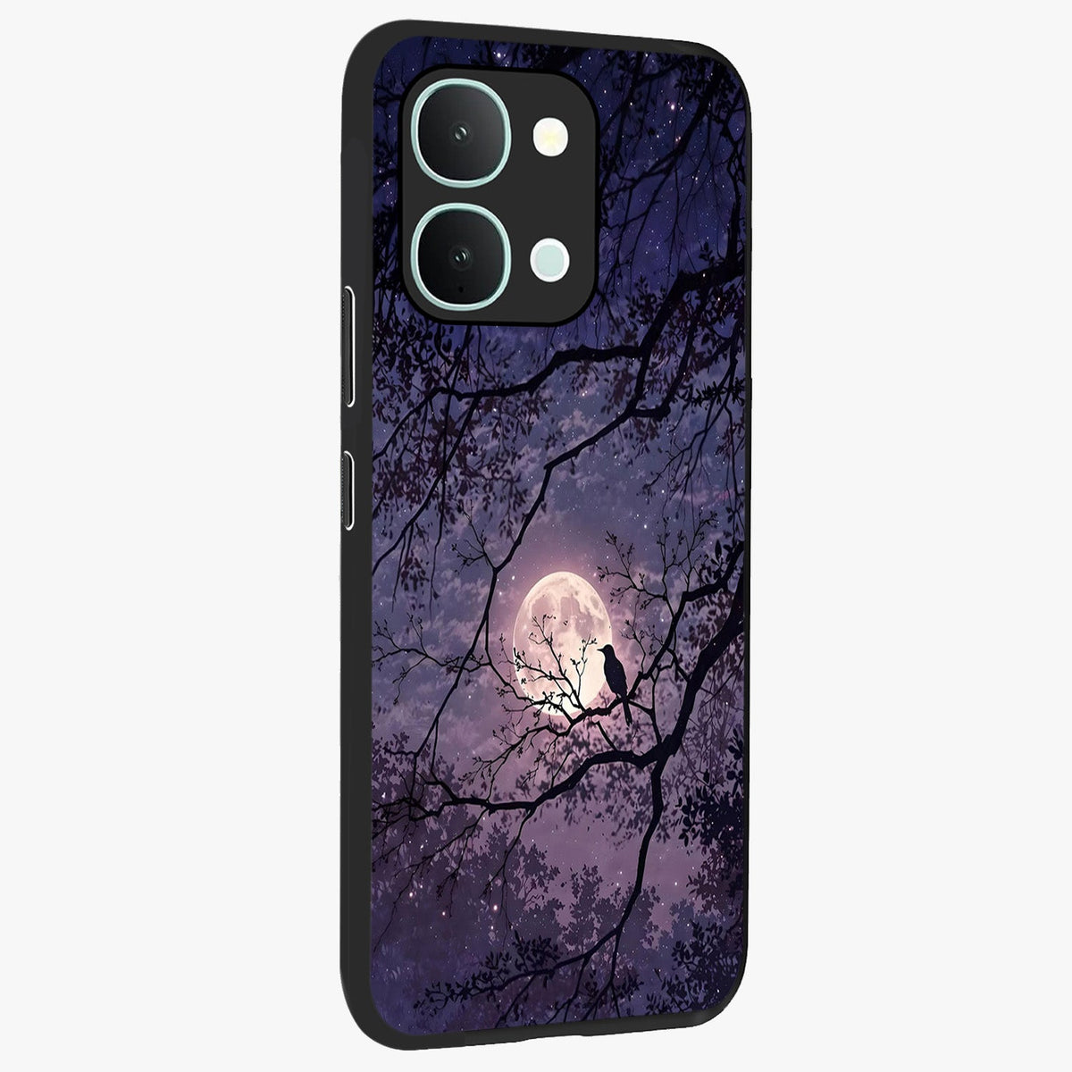 Whispering Moon Silence Glass Case upright view showcasing peaceful moon artwork with tranquil celestial theme.