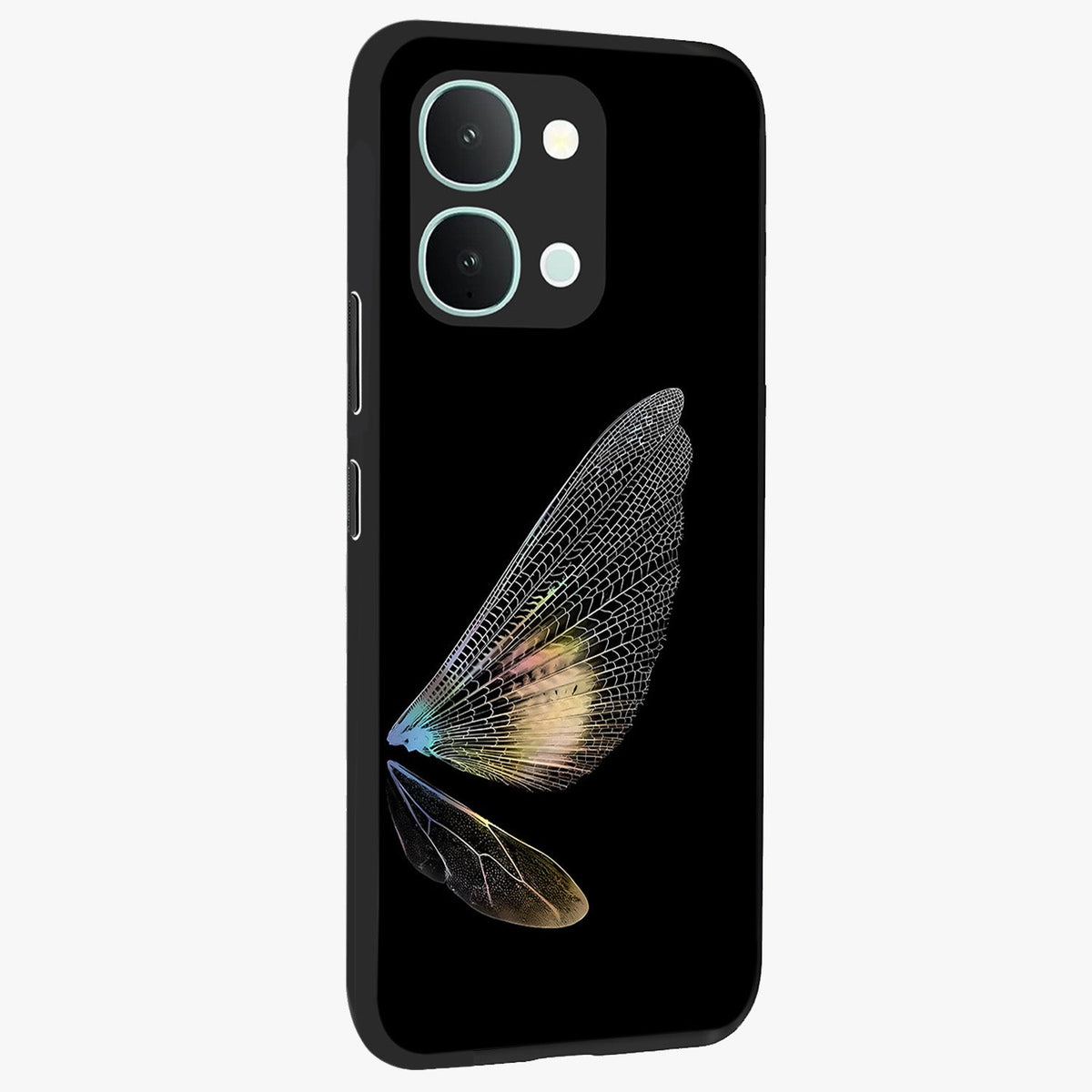 Whispers Of Wings Glass Case upright view showcasing elegant wing artwork with light airy theme.