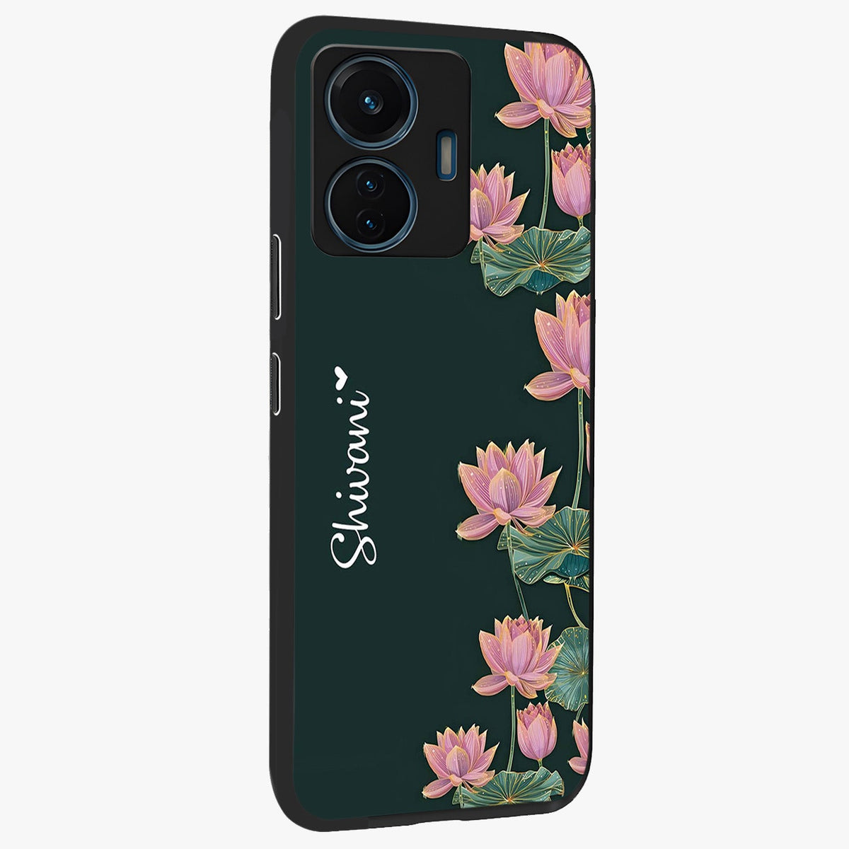 Lotus Bloom Serenity Custom Name Glass Case upright view showcasing serene lotus bloom artwork with personalized floral aesthetic.