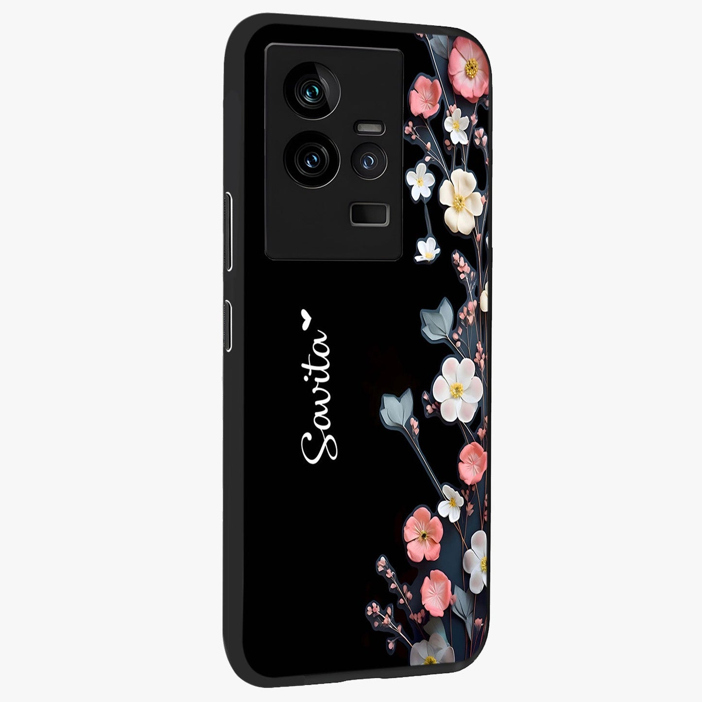 Black Elegance Floral Custom Name Glass Case upright view showcasing luxurious black floral design with personalized name detail.