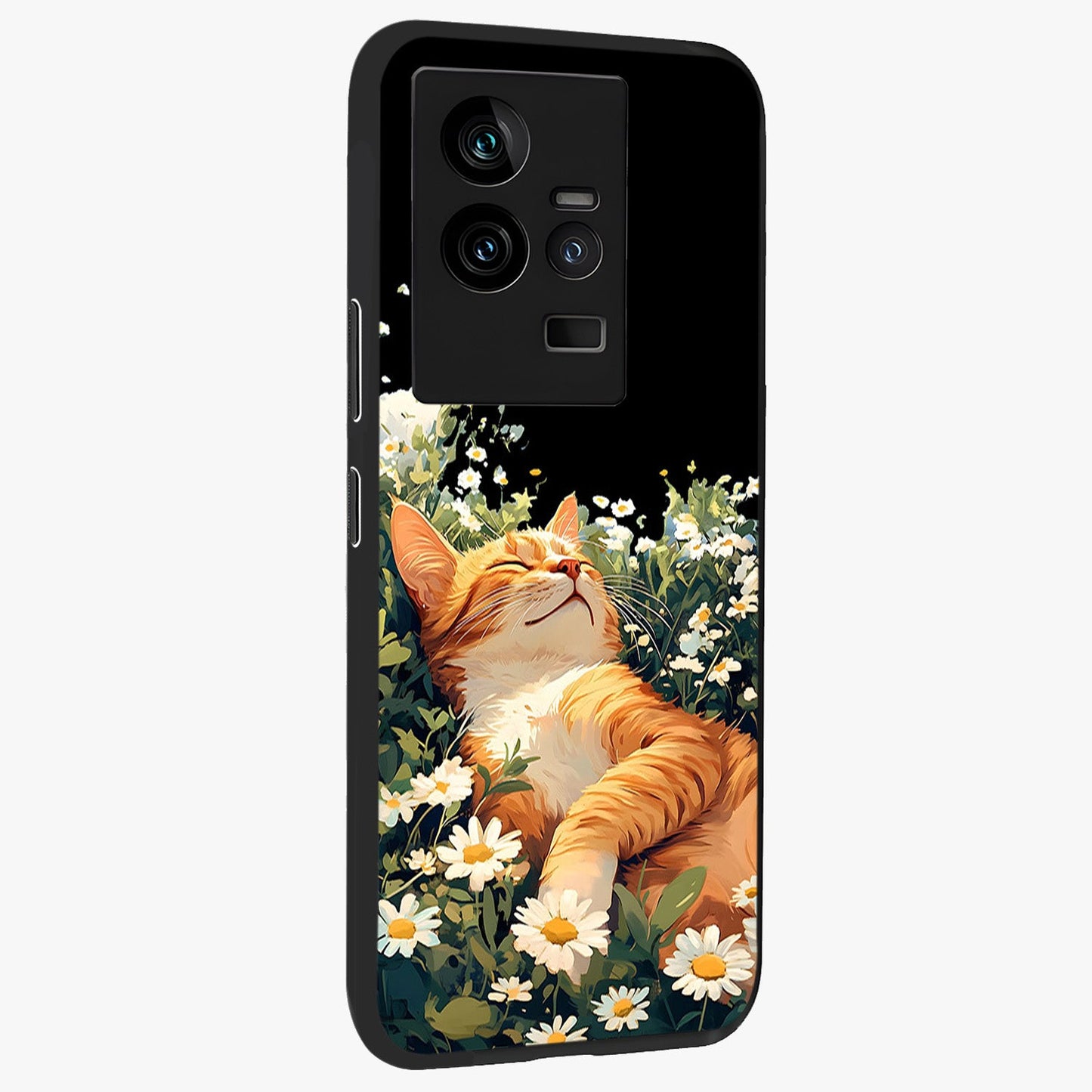 Blissful Bloom Cat Glass Case upright view showcasing charming cat design surrounded by blooming floral elements.