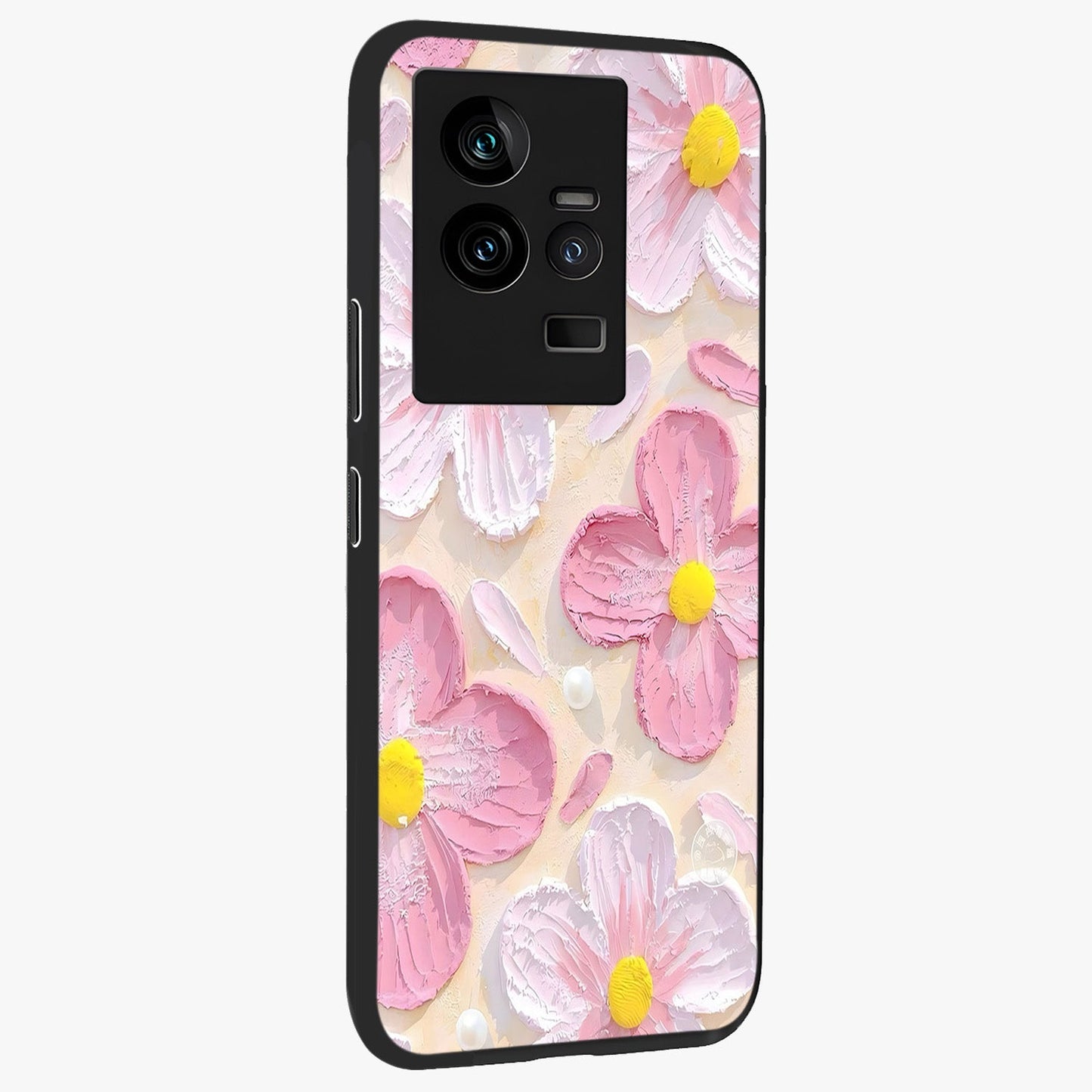 Blush Bloom Texture Glass Case upright view showcasing delicate blush floral texture with modern minimal style.
