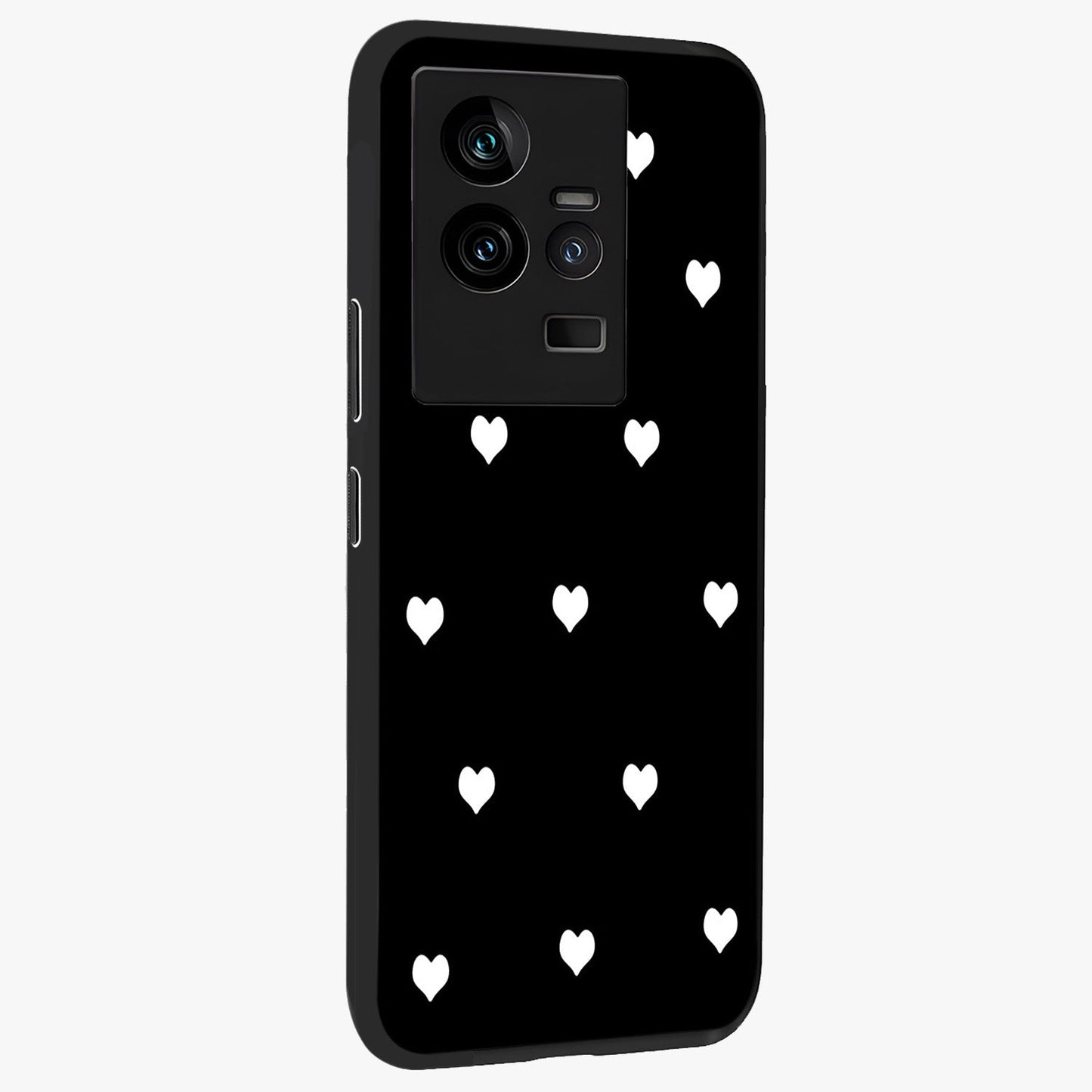 Cute And Simple White Hearts Glass Case upright view showcasing simple white hearts artwork with soft minimal theme.