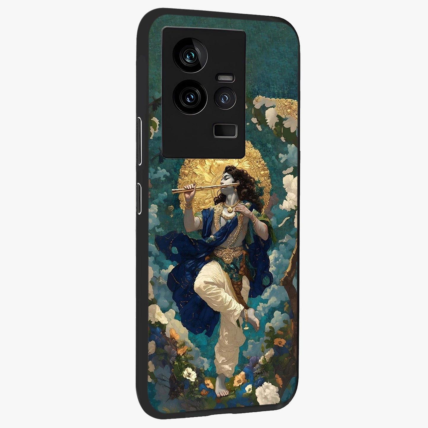 Divine Krishna Art Glass Case upright view showcasing divine Krishna artwork with sacred artistic theme.