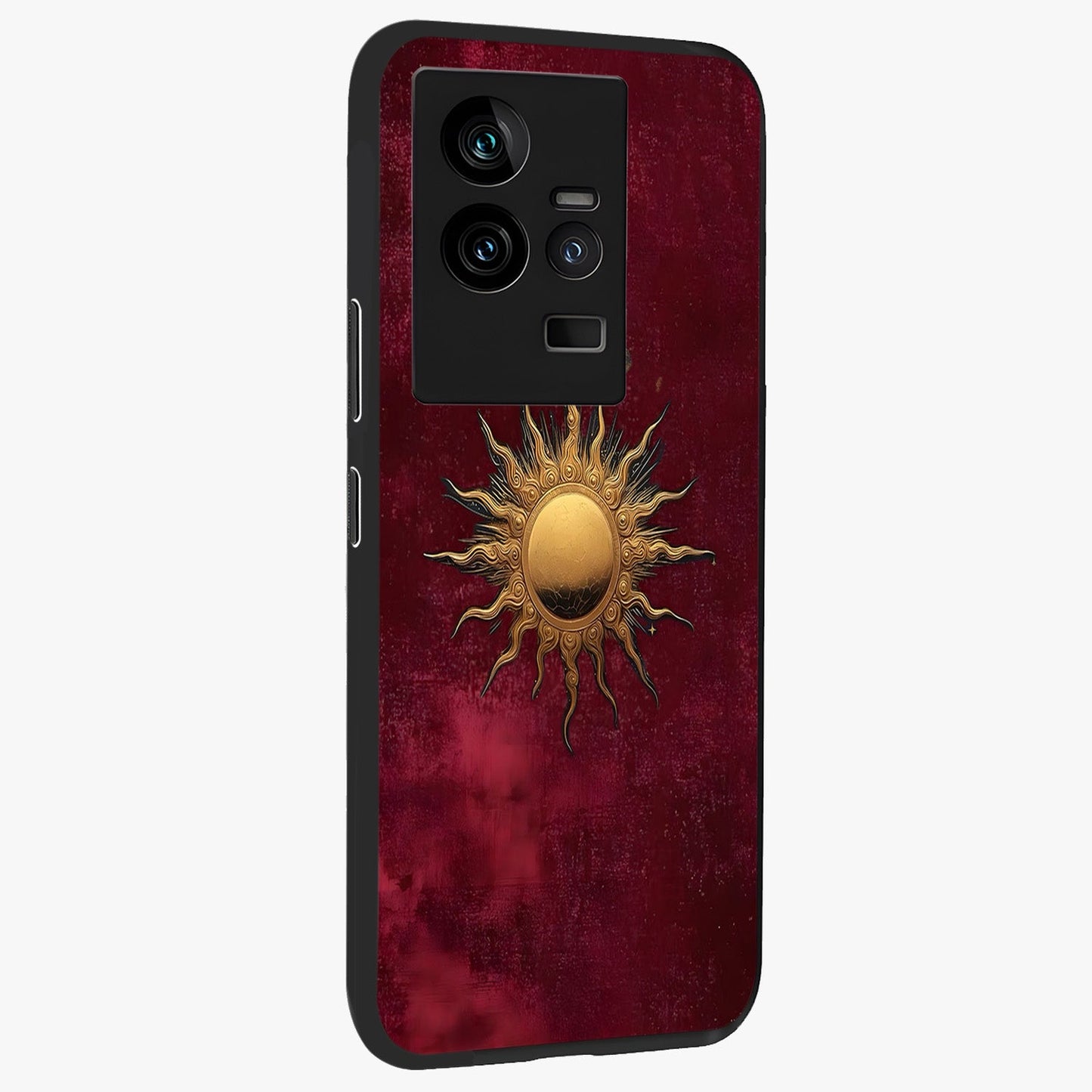 Golden Sun Minimalism Glass Case upright view showcasing simple golden sun artwork with elegant minimalist style.