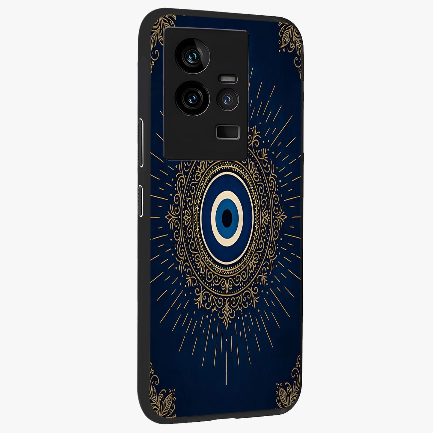 Golden Celestial Charm Glass Case upright view showcasing radiant celestial artwork with elegant golden theme.