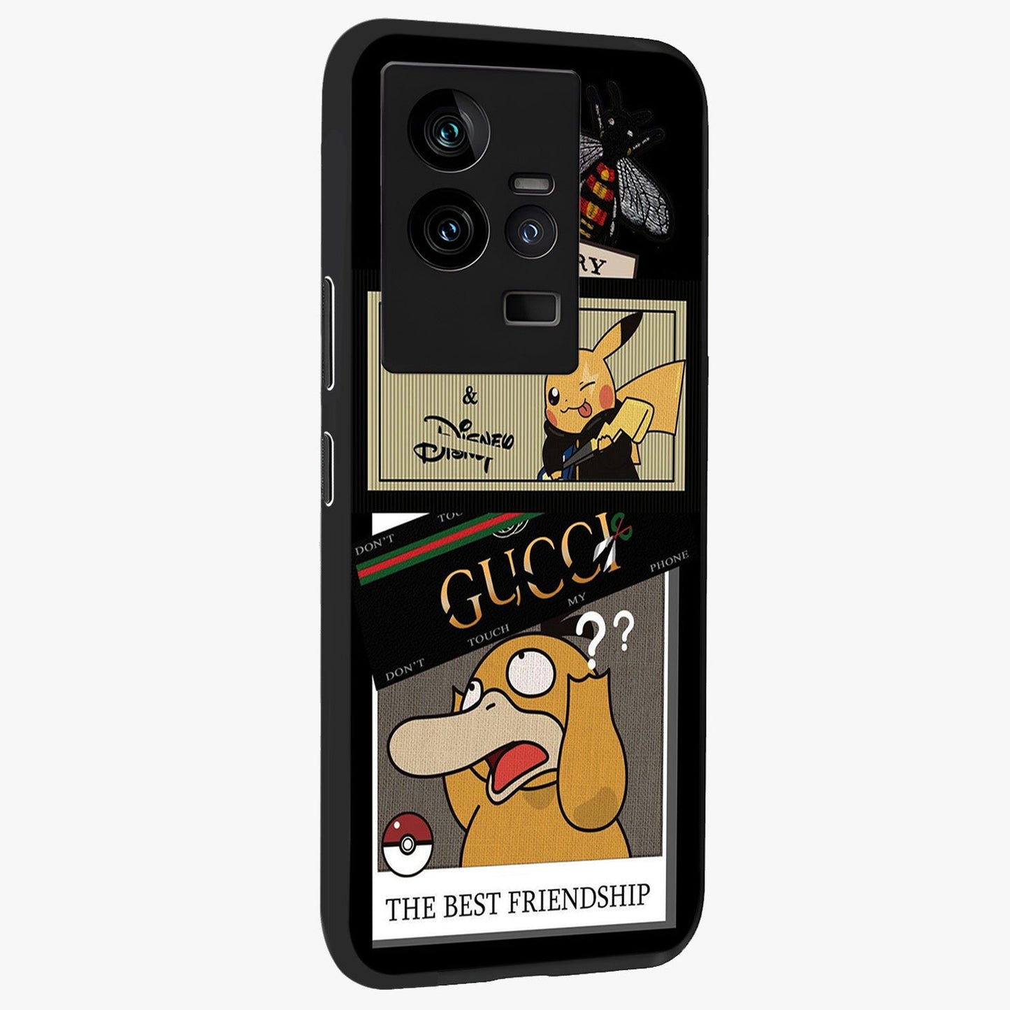 Gucci Play Mashup Glass Case upright view showcasing trendy luxury inspired artwork with modern fashion theme.