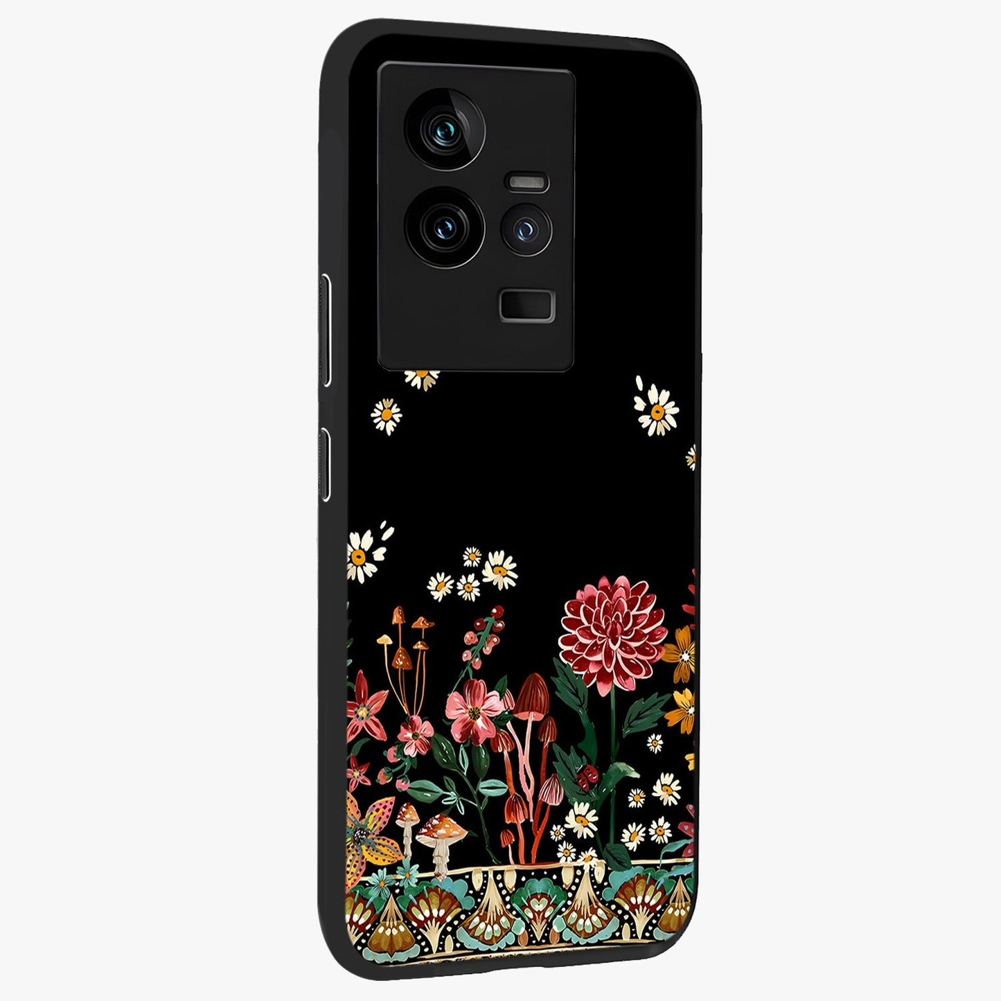 Midnight Bloom Pattern Glass Case upright view showcasing decorative floral artwork with deep night themed palette.