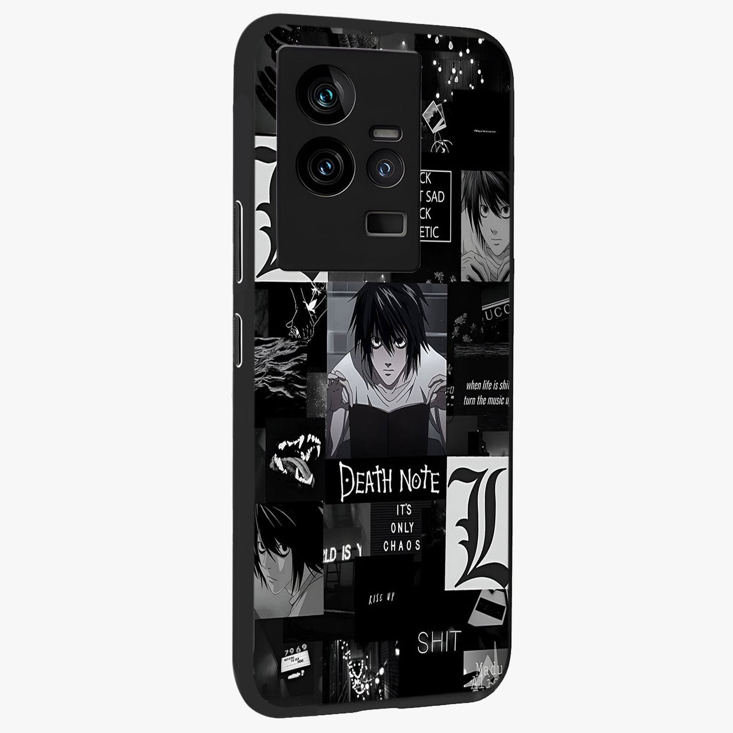 Midnight Chaos Mind Glass Case upright view showcasing expressive abstract artwork with bold dark theme.