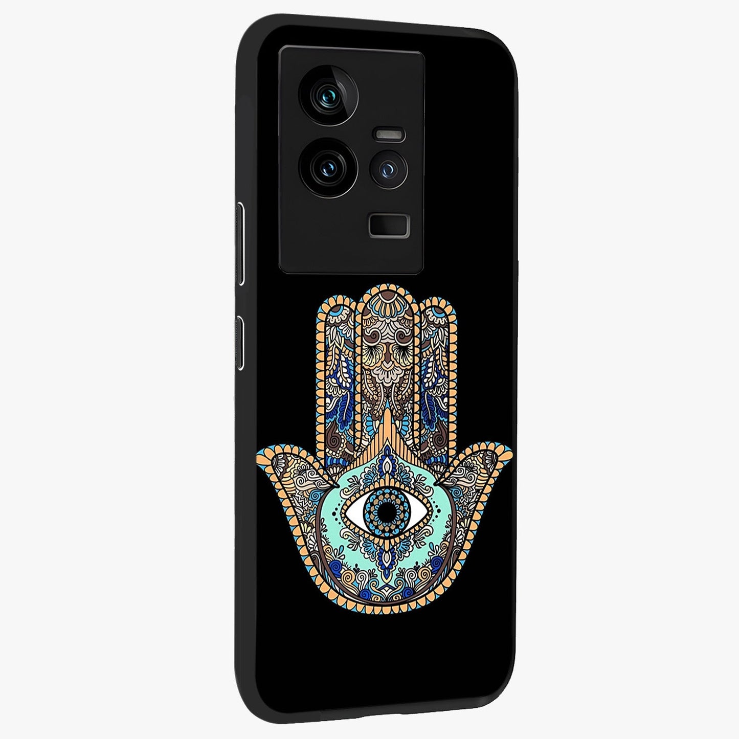 Mystic Hamsa Eye Glass Case upright view showcasing detailed hamsa eye artwork with protective spiritual theme.