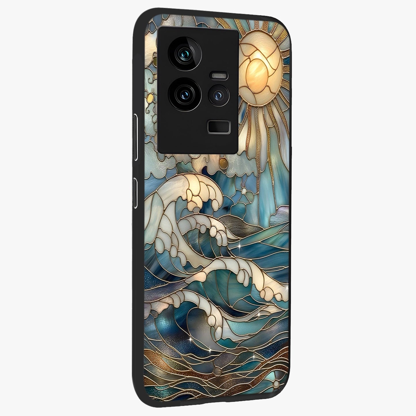 Oceanic Stained Printed Glass Case upright view showcasing decorative ocean pattern artwork with vibrant marine theme.