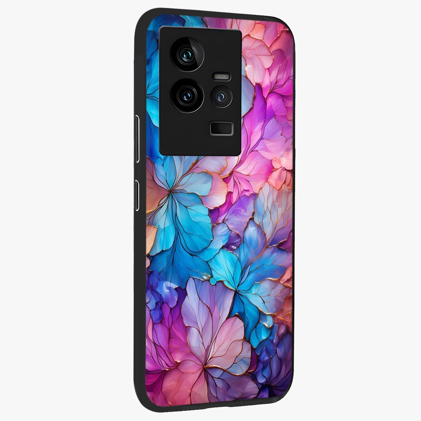 Radiant Floral Whirl Glass Case upright view showcasing lively floral artwork with decorative swirl theme.
