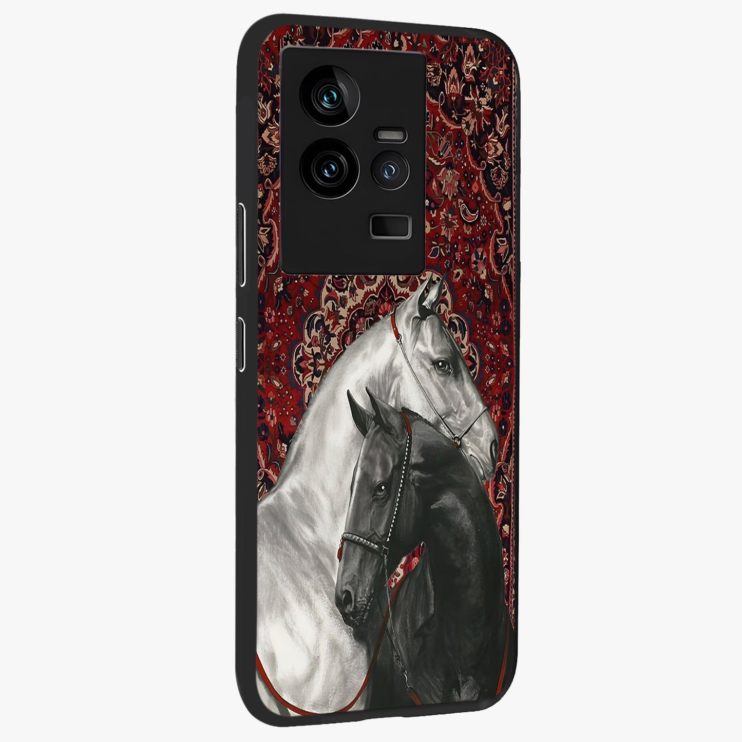 Regal Stallion Tapestry Glass Case upright view showcasing powerful horse artwork with elegant tapestry theme.
