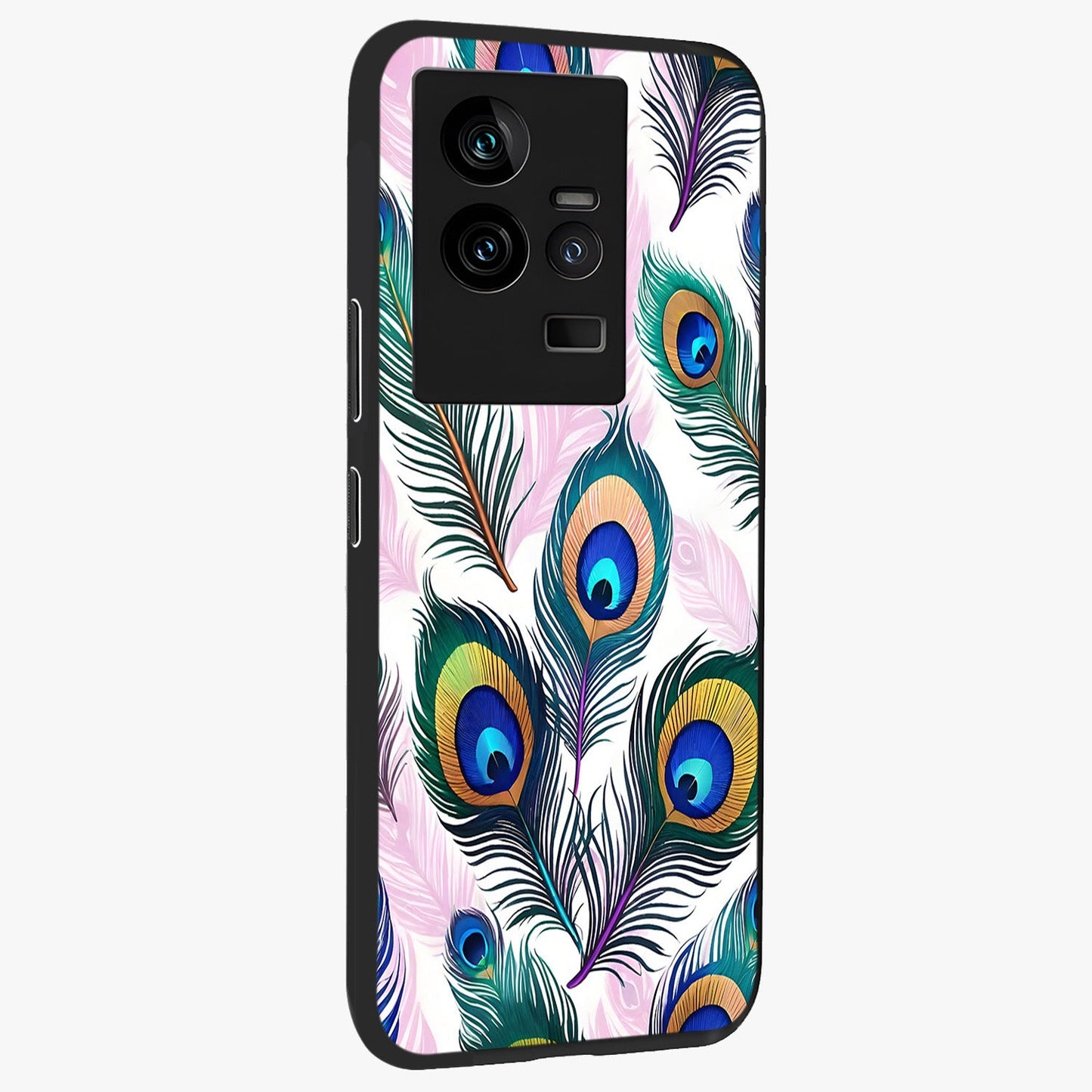 Royal Peacock Feathers Glass Case upright view showcasing elegant peacock feather artwork with decorative royal theme.