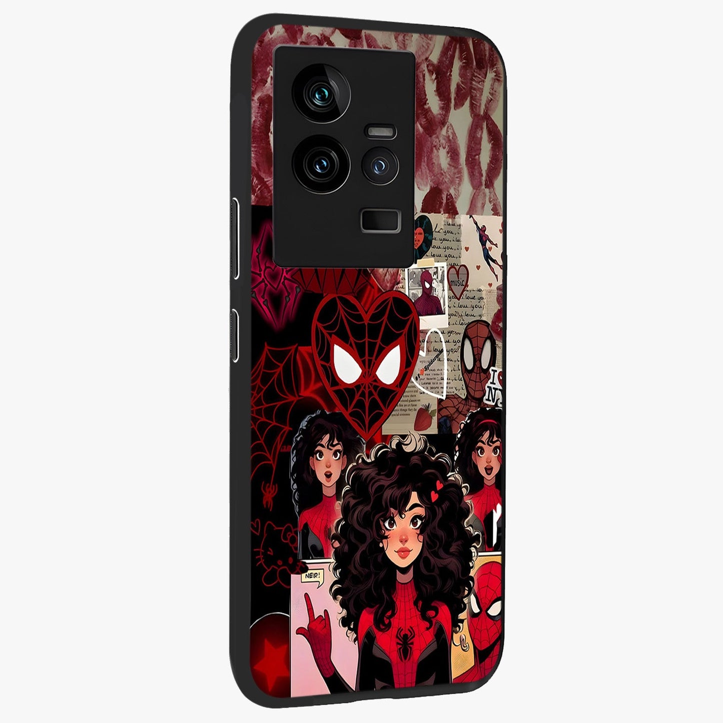 Spider Love Story Glass Case upright view showcasing charming superhero artwork with romantic comic theme.