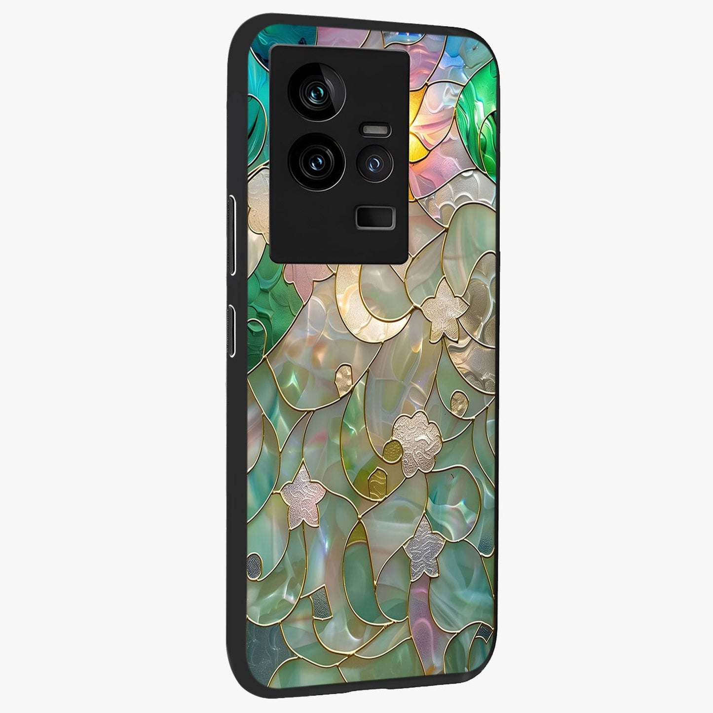 Stained Sunrise Glow Glass Case upright view showcasing colorful sunrise artwork with warm morning theme.