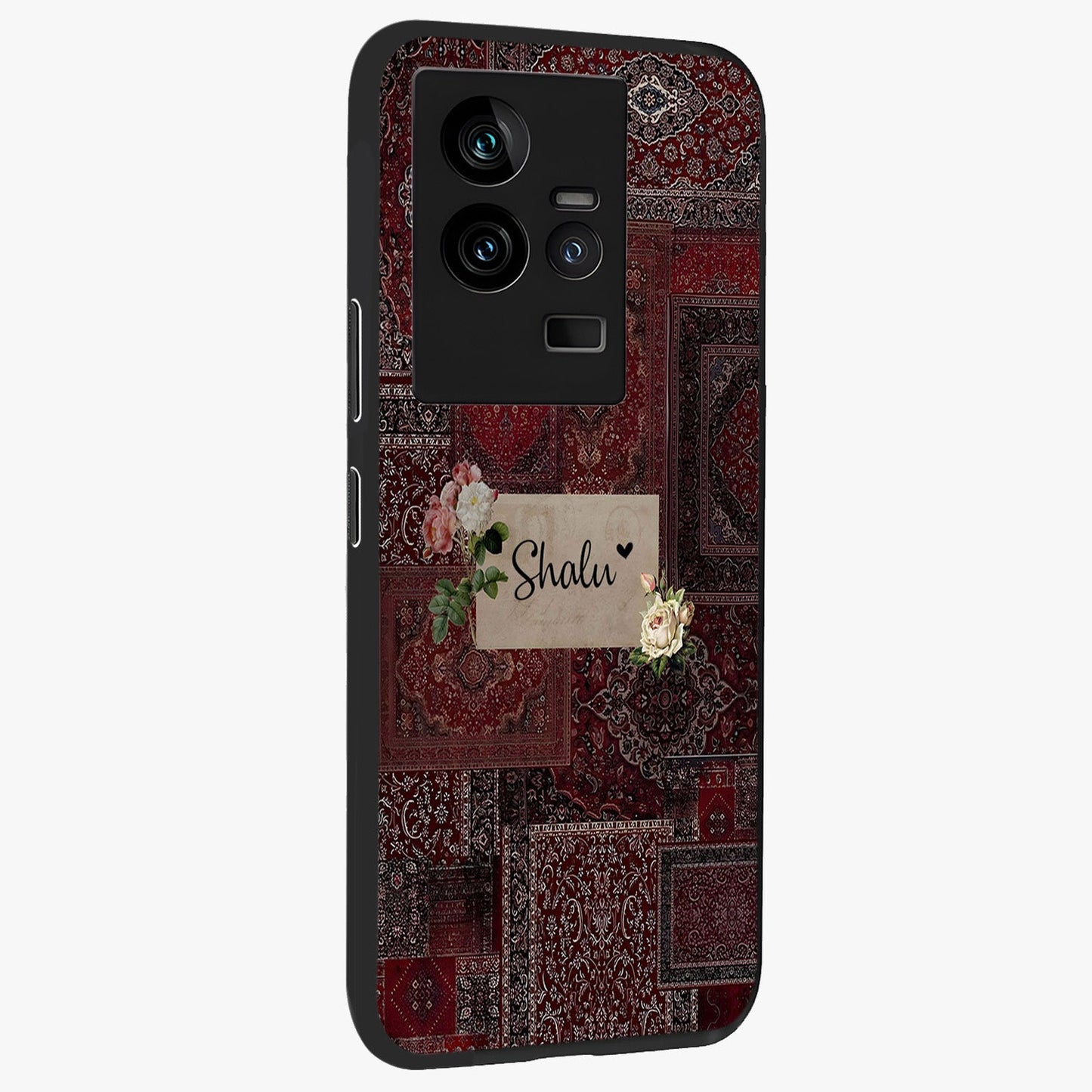 Velvet Wine Pattern Custom Name Glass Case upright view showcasing luxurious wine toned artwork with personalized aesthetic.