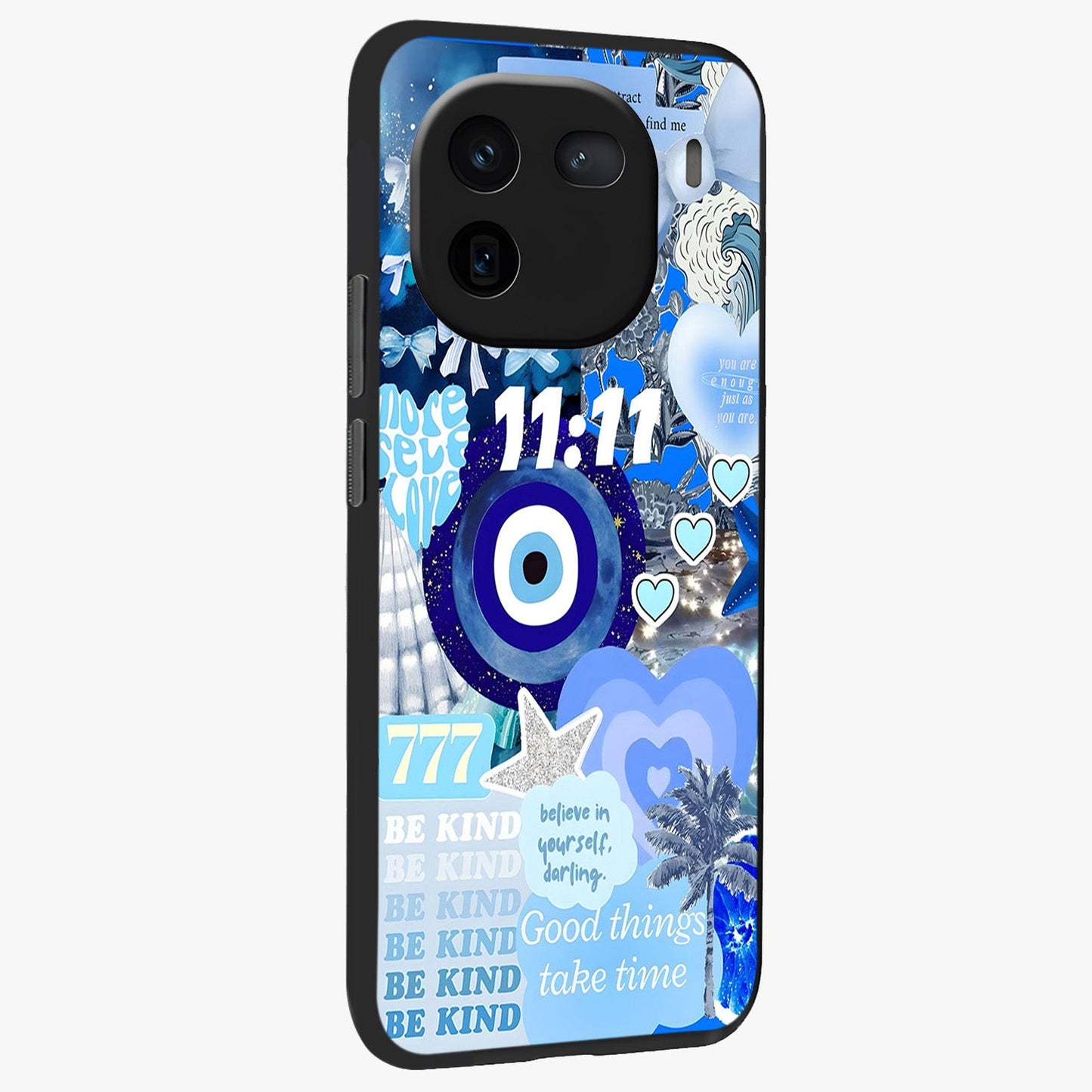 Aesthetic Be Kind Eye Glass Case upright view showcasing stylish eye illustration with positive message theme.