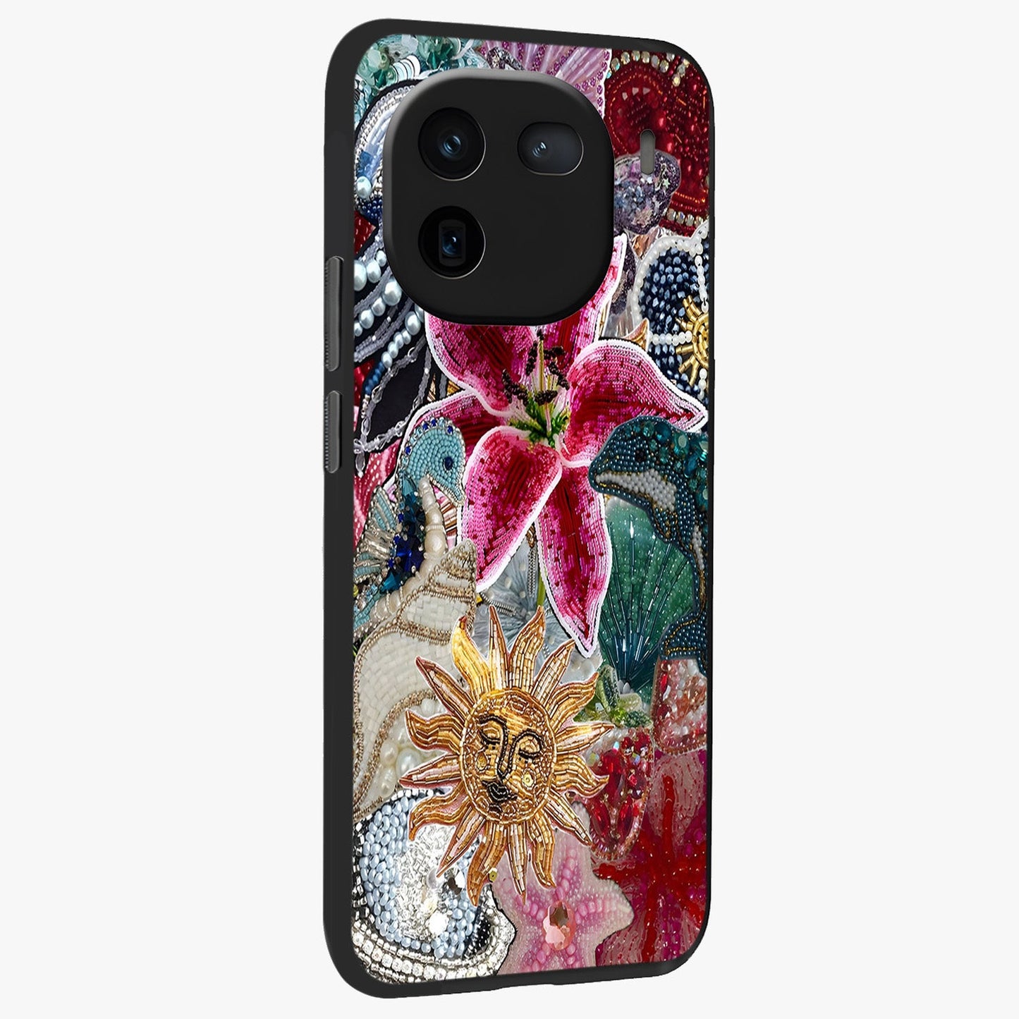 Beaded Garden Fantasy Glass Case upright view showcasing whimsical garden aesthetic with artistic bead details.