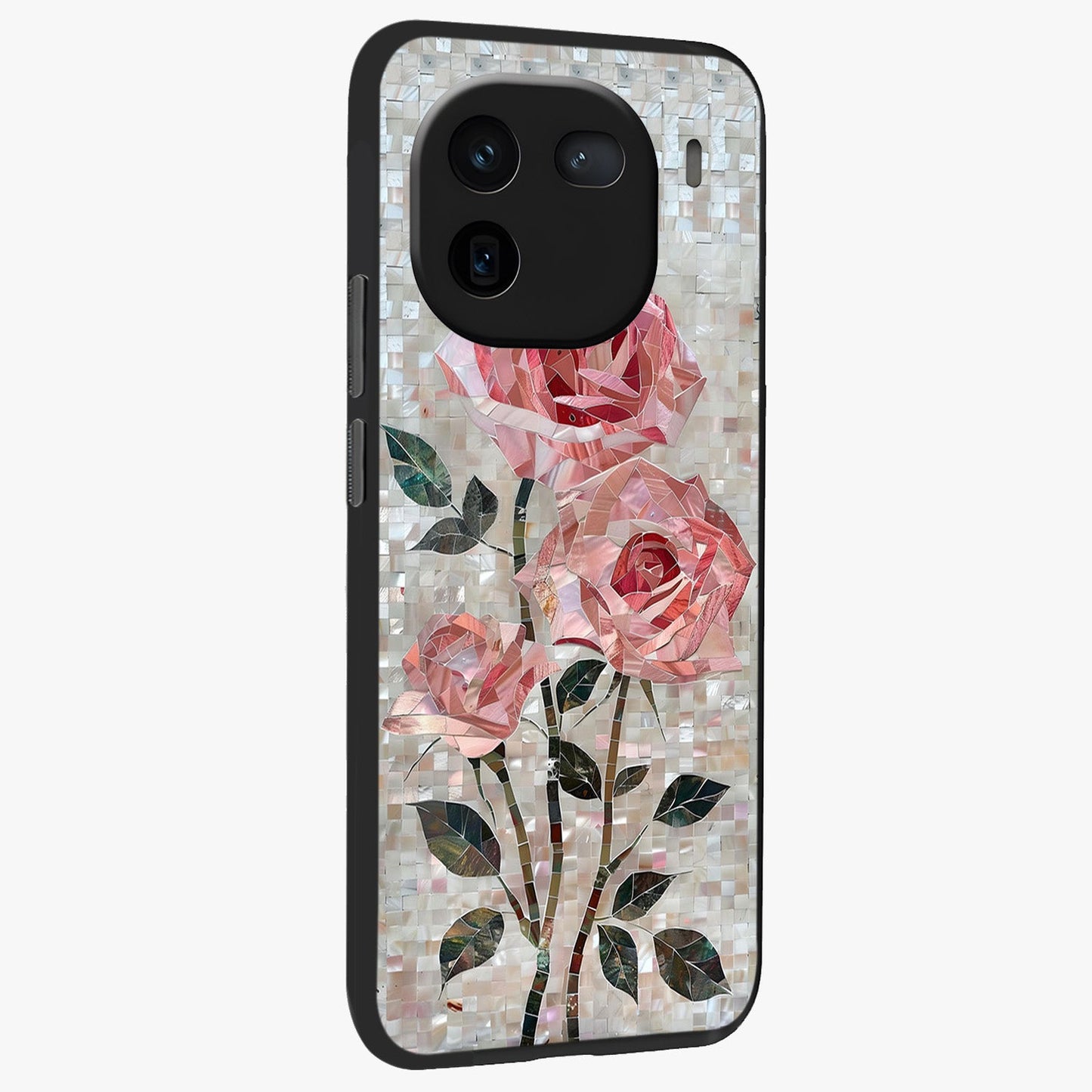 Blush Mosaic Bloom Glass Case upright view showcasing decorative floral mosaic artwork with stylish modern aesthetic.