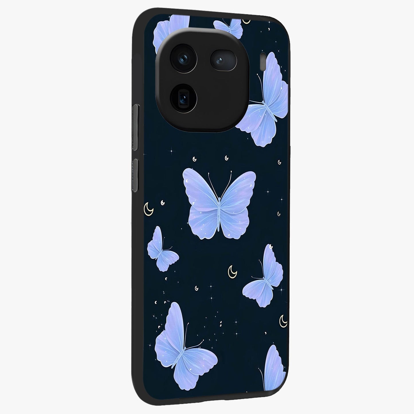 Butterfly With Stars Pattern Glass Case upright view showcasing celestial butterfly artwork with sparkling star elements.